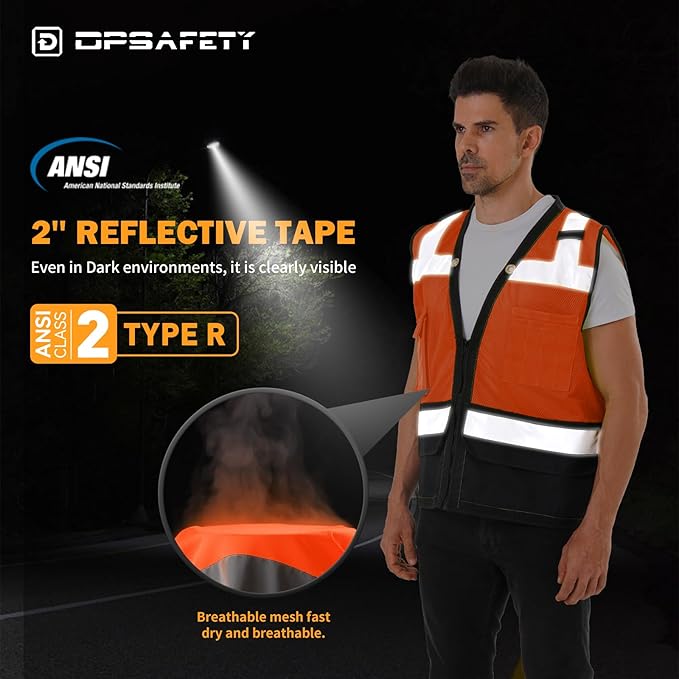 Reflective Safety vest With back plan pocket,High visibility Class 2 Heavy Duty Surveyor Vest with Zipper,Hi Vis Construction Work Vest for Men＆Women ANSI/ISEA(Orange-Bottom,L)