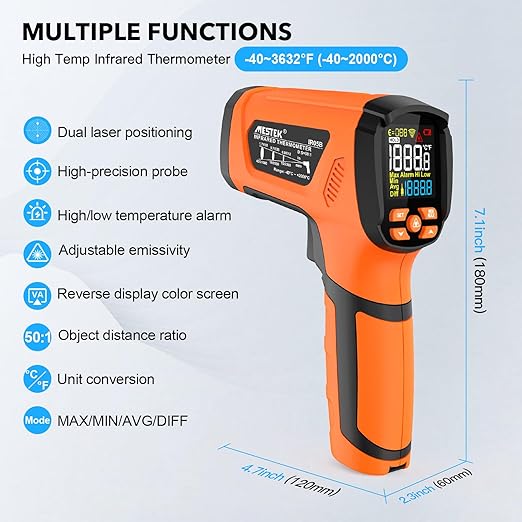 MESTEK Infrared Thermometer Temperature Gun, -40℉~3632℉, High Temp Thermometer with Thermocouple Probe, Non-Contact 50:1 Pyrometer Dual Laser Thermometer Gun for Engine, Kiln, Forging, Industrial