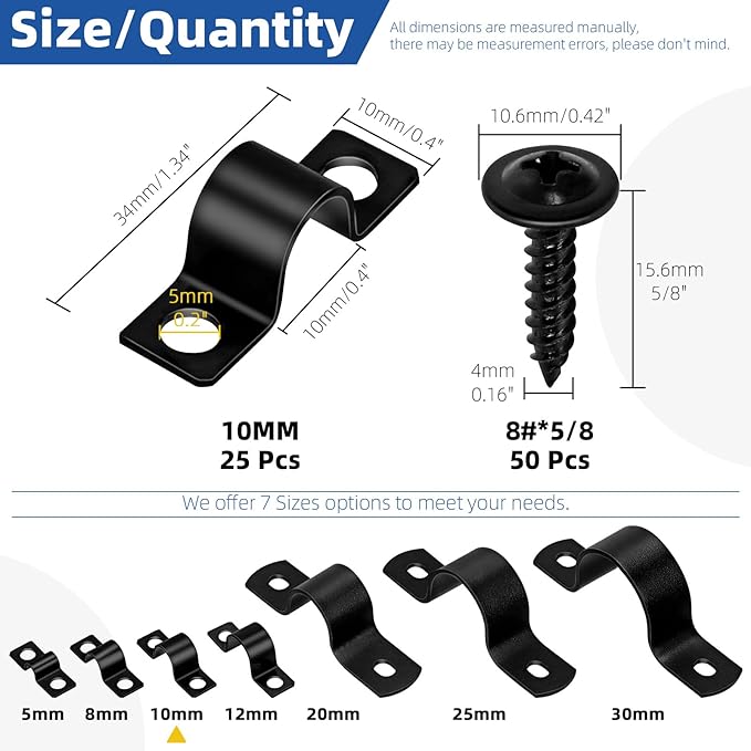 Glarks 75pcs 10mm Pipe Strap Clamp, Black Carbon Steel 2 Hole Strap Heavy Duty Rigid Pipe Strap U Bracket Tube Strap Cable Clamp Hanger Tension Tube Clip with screw for Pipe Tube Cable Fixing