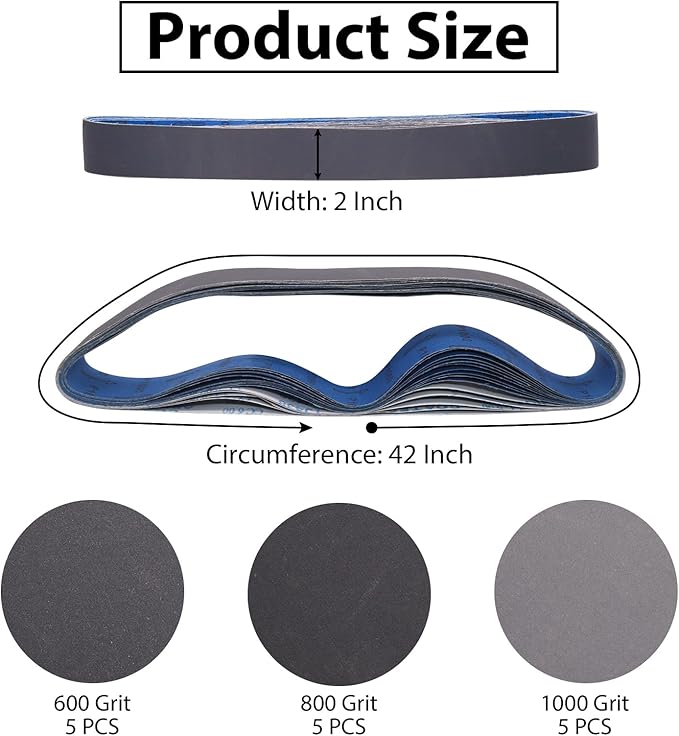 2 x 42 Silicon Carbide Sanding Belts, 15 Pack 2 x 42 Knife Sharpening Sanding Belt, 5 Pcs Each of 600, 800, 1000 Grits Sander Belt for Metal Wood(15 Pack）