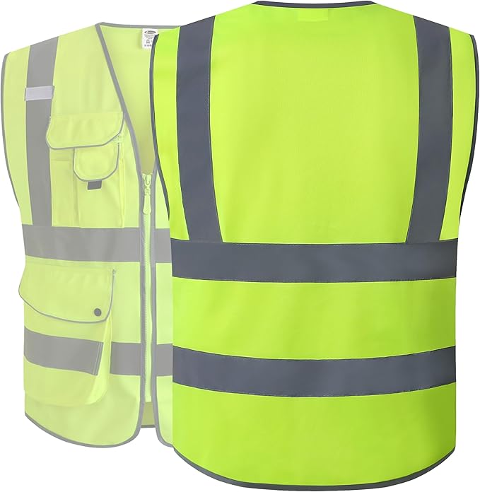 JKSafety 9 Pockets Class 2 High Visibility Zipper Front Safety Vest With Reflective Strips,Meets ANSI/ISEA Standard (XX-Large, Yellow)