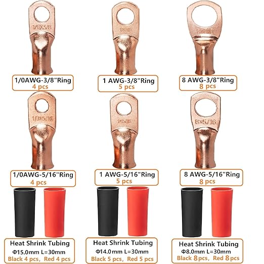 SVAAR 68pcs Battery Cable Lugs Kit 1/0 AWG 1 AWG 8 AWG Battery Cable Ends Heavy Duty Wire Lugs Copper Lugs with 3/8" & 5/16" Stud Closed End Tubular Ring Terminals Connectors with Heat Shrink Tube