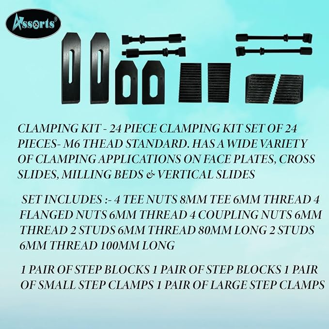 Assorts 24 Pcs Clamp Kit Set M6 6 mm For Rotary Tables, Milling Tables, Face Plates & Vertical Slide