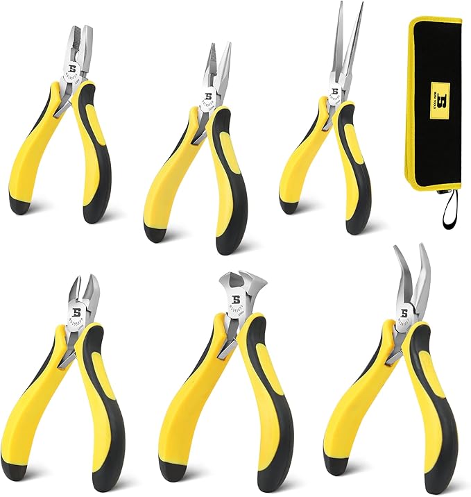 BOSI TOOLS 6-piece Mini Pliers Set, Needle Nose Pliers, Diagonal Pliers, Long Nose Pliers, Bent Nose Pliers, End Cutters and Linesman Pliers, with Storage Pouch Making Craft Electronic Repair