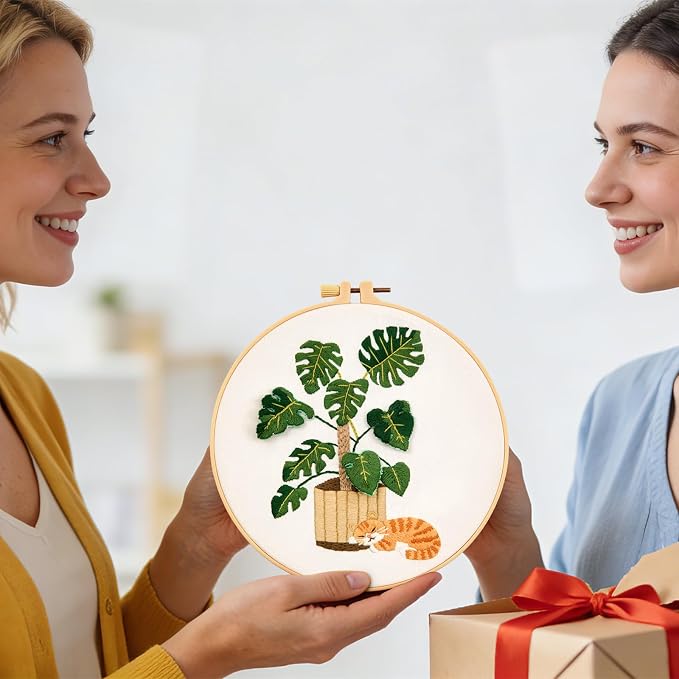 Monstera Embroidery Kits for Beginners Adults, Cat Hand Embroidery Kits - Image 7