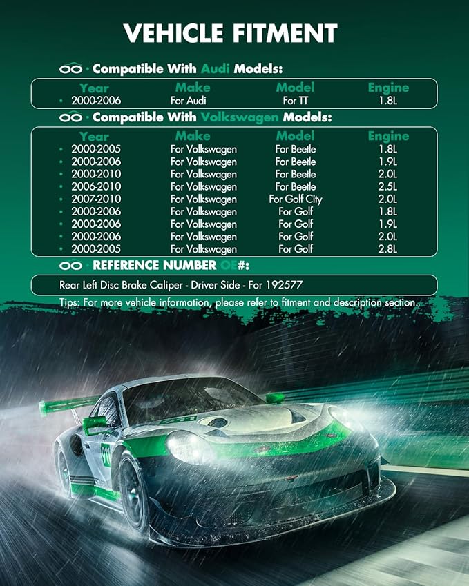 SCITOO Rear Left Brake Caliper Without Bracket 192577 Compatible For Audi For A3 1999-2003,For TT 2000-2006,For Volkswagen For Type 1 2000-2010,For Type 1 Cabrio 2010,For Golf 2000-2006,For R32 2003
