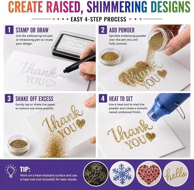 Embossing Kit, Embossing Ink Pad, 8X 10ml Embossing Powders - Image 4
