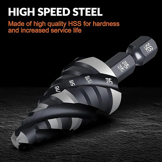 THINKWORK Four Spiral Flute Step Drill Bit, HSS Step Drill Bit 1/4"-3/4" (9 Steps) Unibit Step Drill Bit, 1/4" Shank Step Bits for Aluminum, Wood, Plastic, Metal