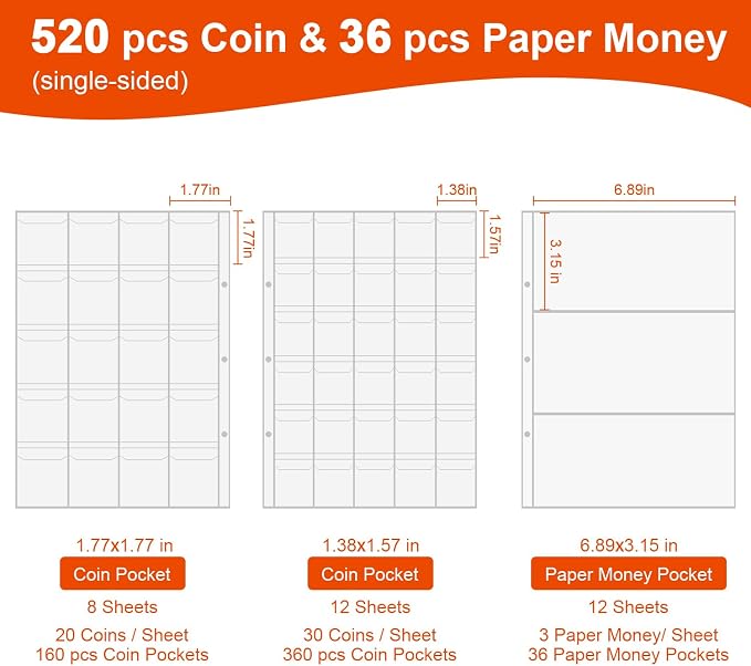 Coin Collection Book Holder for Collectors, 520 Pockets Fireproof Coins - Image 6