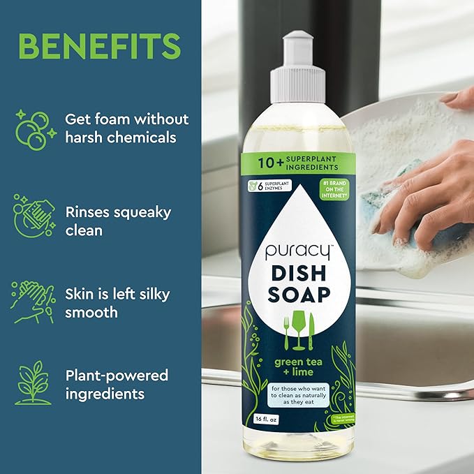 Puracy Natural Dish Soap Packs- Skin-Softening Plant-Based Dishwashing Soap, Non-Toxic Dish Soap, Organic Liquid Dishwashing Detergent Soap (Green Tea & Lime, 16 fl oz, 3 Pack)
