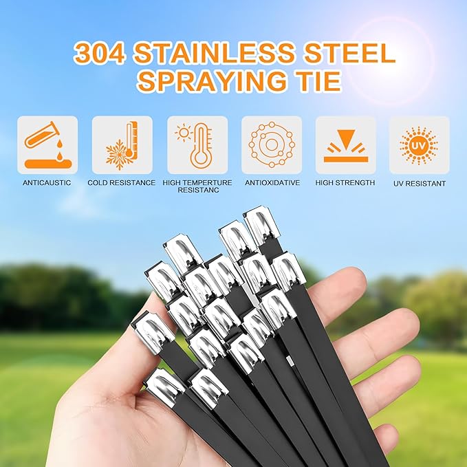 Stainless Steel Cable Tie Gun Kit：With 300pcs Uv Resistant Black Metal Zip Ties Heavy Duty Outdoor (150 Each of 8, 12 Inch) Adjustable Fastening Cutting Tie Tool Sets，for Chainlink Fence，Exhaust Wrap