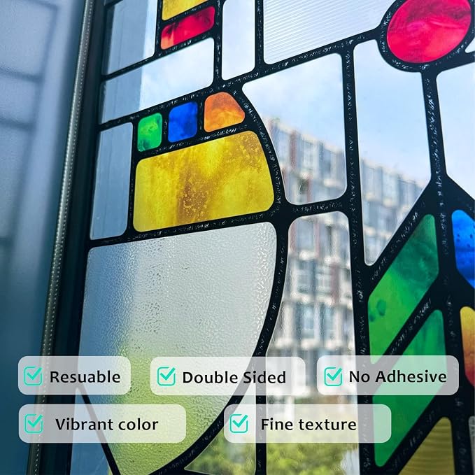 Original Hand Drawn Faux Stained Glass Window Film Double-Sided Texture Static - Image 3