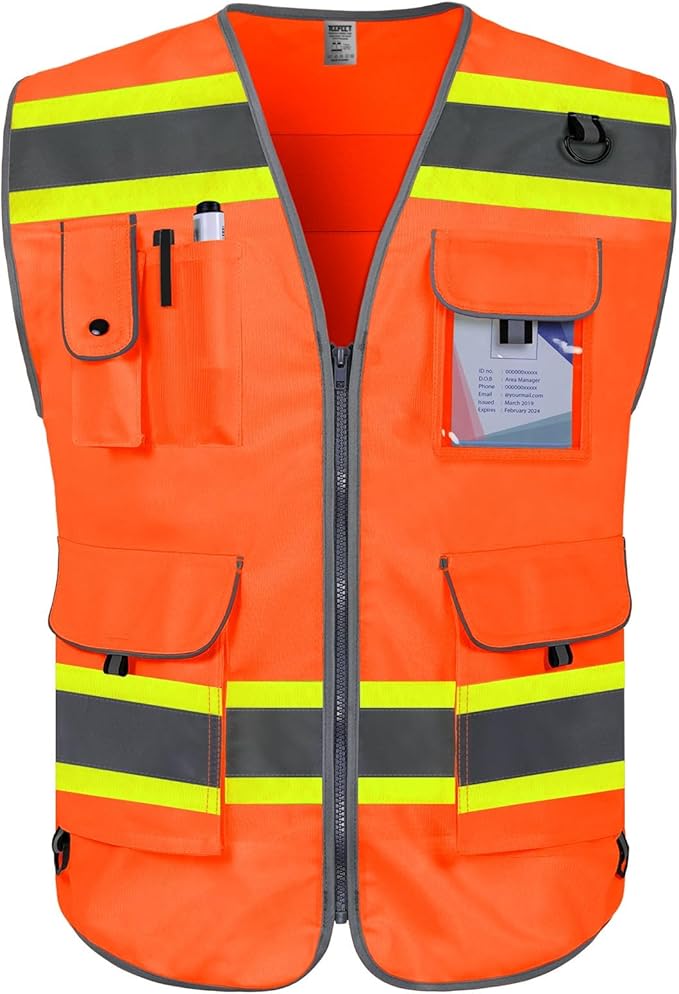 TCCFCCT Hi Vis Vest 9 Pockets High Visibility Reflective Safety Vest for Men Women, Construction Work Vest with Fluorescent Yellow Extend Edge, Durable to Use, Meets ANSI/ISEA, (DB-Orange, Medium)
