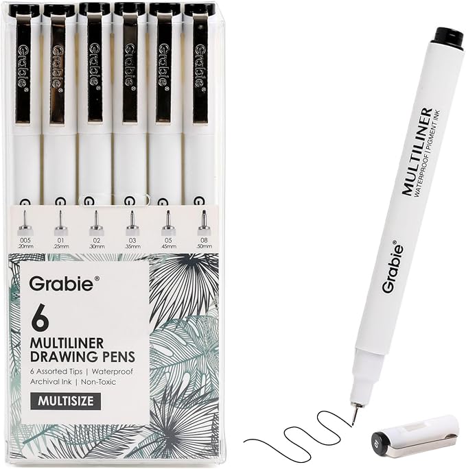 Grabie Micro Fineliner Pens, 6 Black Fine Line Waterproof Drawing Pens by Grabie