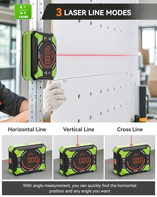 Huepar Digital Angle Gauge with Laser Level, Rechargeable 3-in-1 Digital Angle Finder with Magnetic, Measures 0-90° & 0-180° Range, Digital Electronic Level Accessory for Woodworking Tools