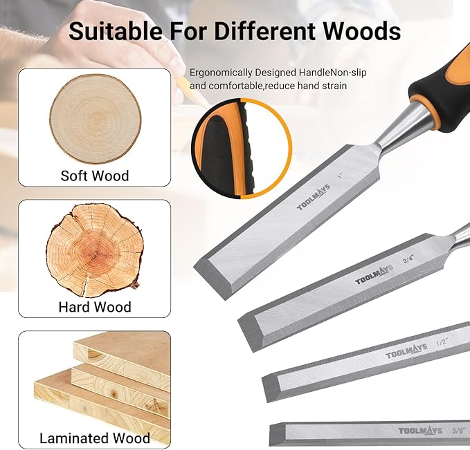 4-Piece Wood Chisel Set, Carbon Steel Blades with Ergonomic Handle, 3/8" 1/2" 3/4" 1" for Woodworking, Durable Metal Strike Cap (5-inch Handle for Comfortable Grip)