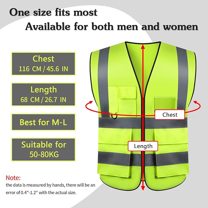 Safety Vests,Hi Vis Vest Reflective Vest with 5 Pockets and Zipper for Men Women, Neon Working Vest for Outdoor One Size