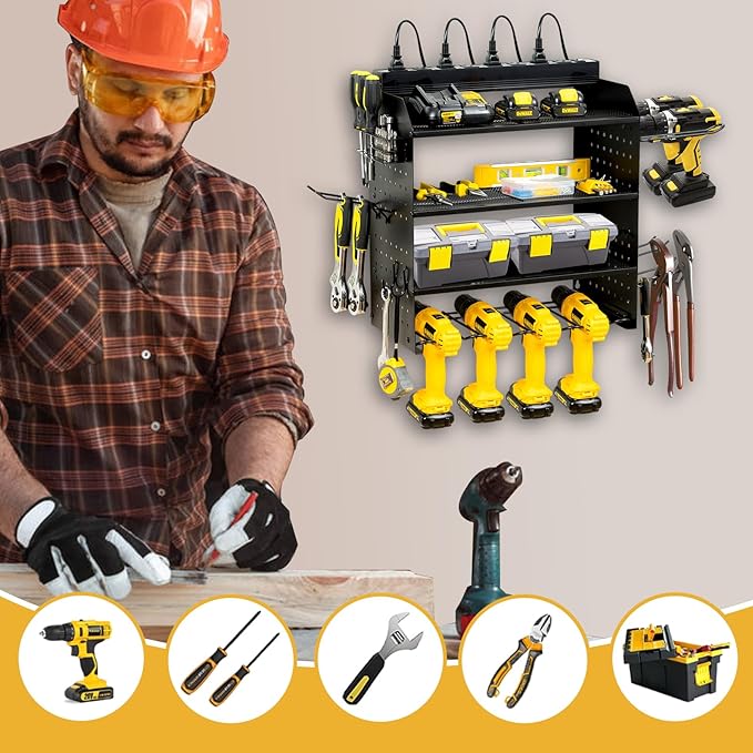 Modular Power Tool Organizer Wall Mount with Charging Station,8 Outlets,4-Layer,6 Drill Holders,4 Hooks,Metal drill holder wall mount,6.5ft Cord,Garage,Workbench,Workshop,Black