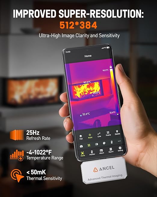 ANCEL IR101 Thermal Imaging Camera for Android (USB-C) Smartphones - 512x384 IR Resolution, 25Hz Frame Rate Infrared Camera, 0.24W Low-Power Accurate Thermal Imager for Home HVAC Plumbing Inspection