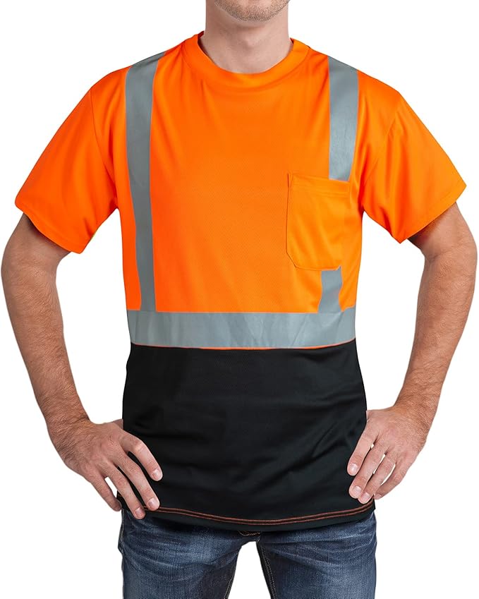 High Visibility Shirts Quick Dry Safety T Shirts with Reflective Strips and Pocket Short Sleeve Mesh Hi Vis Construction Work Class 2 Shirt for Men/Women Black Bottom Orange,2XL