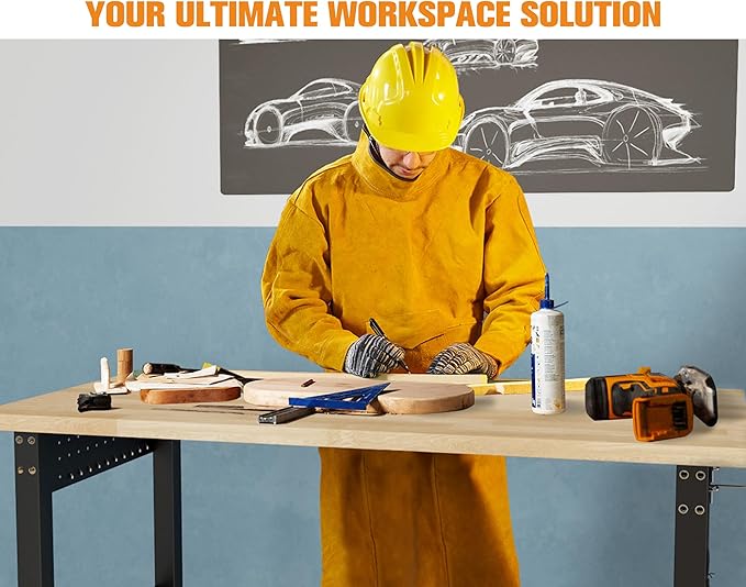 SPECRAFT 72“ Adjustable Heavy Duty Workbench with 4 AC Outlet and 2 USB Ports Power Outlets, 5000 Lbs Capacity, Rubber Wood Top for Garage, Workshop, Office