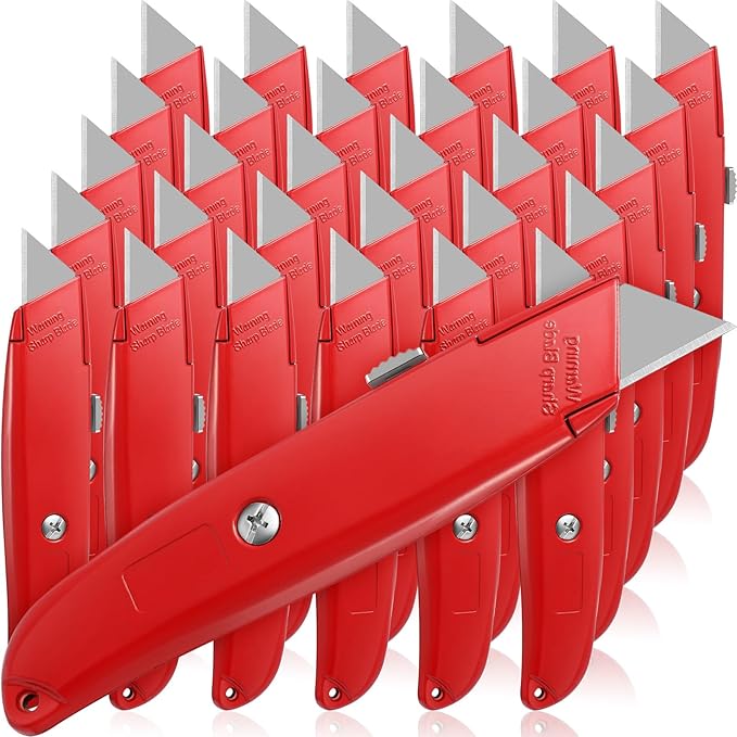 Reginary 30 Pcs Box Cutter Bulk Retractable Blade Utility Knife Heavy Duty Aluminum Alloy Razor Shell Knife for Cartons, Cardboard and Boxes, DIY, Factory, Home(Red)