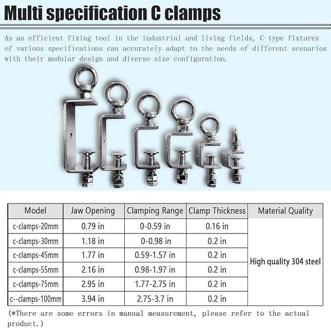 6-Pack Small C Clamps – 304 Stainless Steel Beam Clamps with M6 Screw Ring | Adjustable, Rust-Resistant I Beam Clamps for Ring Beams, Welding, Woodworking, Plants & Desk Use. Wide Jaw Openings (20MM)