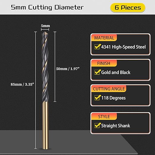 Drill Bit, 5mm Cutting Diameter, 4341 HSS Gold and Black 118° Cutting Angle Number Jobber Bits - (Applications: for Drilling Soft Metal Plastic Wood), 6-Pieces