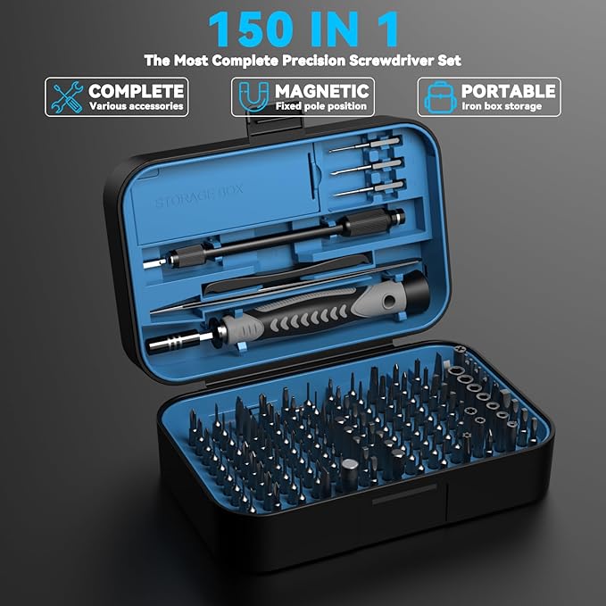 150 IN 1 Precision Screwdriver Set, 120 Bits Full Range Small Screwdriver Set, Magnetic Mini Repair Tool Kit for Ring Doorbell, Laptop, Switch, PS5, Xbox, Macbook, iPhone, Watch, Glasses - Navy Blue