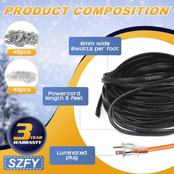 3FT~200FT Heat Tape for Water Pipes, -40°F Deicing Cable,Pipe Heat Cables for Roof,Gutter，Farm，Freeze Protetion Heating Wires, Heated Water Hose,Plumbing Fixtures,120V 5W/FT (200FT)