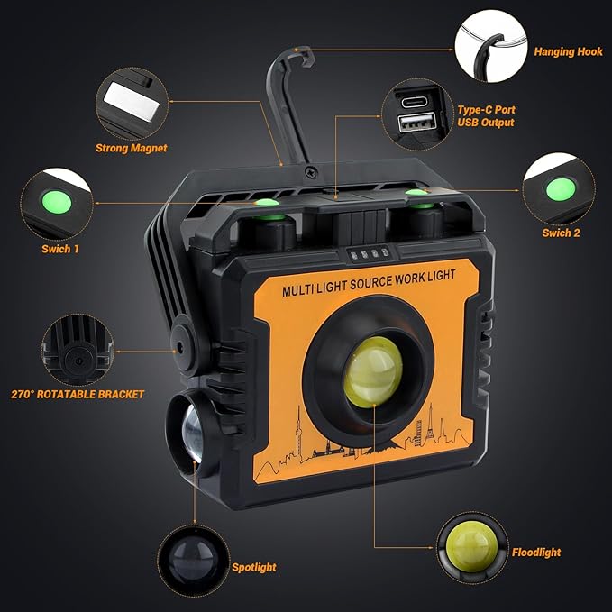 AdamStar Work Light, Magnetic LED Rechargeable Light with 7 Modes & 270°Rotatable, 1500LM Waterproof COB Portable Light with Hook for Emergency Car Repair, Grill, Outdoor Work, Camping (2 Pack)
