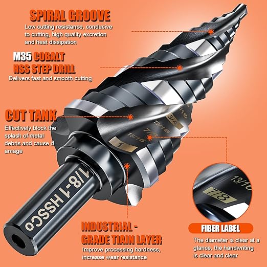 Four Spiral Flute Step Drill Bit for Metal,M35 Cobalt Unibit Step Drill Bit Set 1/8"-1"(9 Sizes),Wear-Resistant AlTiN Coated,3/8" Hex Shank for Metal, Stainless Steel, Aluminum, Plastic