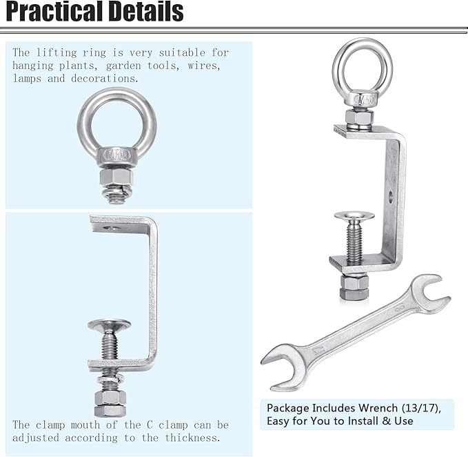 C Clamps – 304 Stainless Steel Beam Clamps with M10 Screw Ring | Adjustable, Rust-Resistant I Beam Clamps for Ring Beams, Welding, Woodworking, Plants & Desk Use. Wide Jaw Openings(75MM)2-Pack