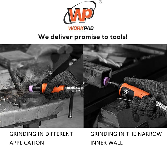 WORKPAD Mini Air Straight Die Grinder with 10-Pieces Air Die Grinder Stone Set，25000 RPM, Mini Pneumatic Tools, Equipped with 1/4-inch, 1/8-inch collets and 2 wrenches