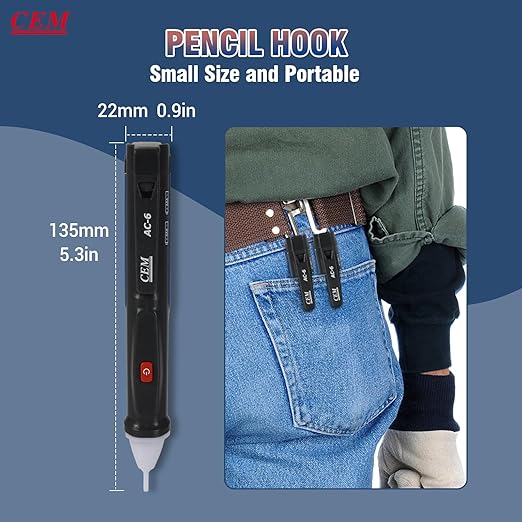 Voltage Tester,CEM AC-6 Non-Contact Voltage Detector,Electrical Tester,AC,LCD Display in Percentage,Buzzer Alarm,Live Wire Tester,Wire Breakpoint Finder - Black-Built-in/External Battery (Random)