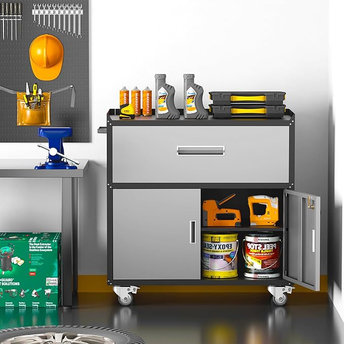 Metal Garage Storage Cabinet with Wheels, Lockable Rolling Tool Chest with Wheels, Tool Cabinet on Wheels, Utility Cabinet for Home, Office, Garage and Workshop, Black & Gray
