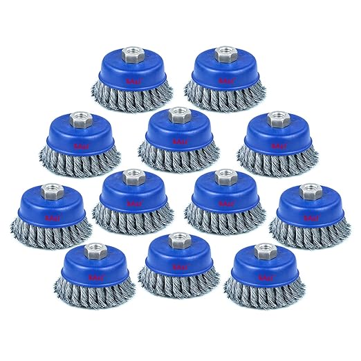 SALI 12 Pack Wire Cup Brush, 4 Inch Twisted Knotted Cup Brush for Grinders, with 5/8-11 Inch Arbor for Heavy Cleaning Rust, Stripping and Abrasive, for Angle Grinder