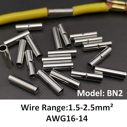 100 PCS Non-Insulated Butt Connectors Kit, AWG 16-14 Wire Ferrules, Electrical Wire Connectors Crimp Ferrule Terminals Kit-BN2
