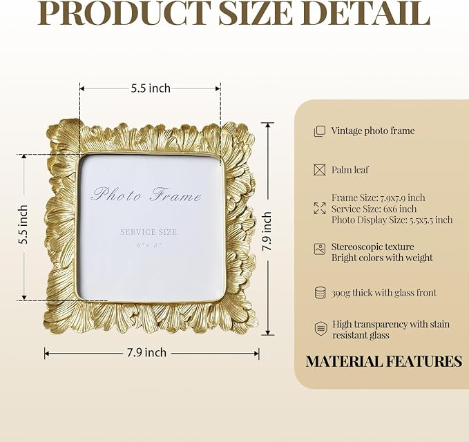 Cuspin 6x6 Gold Picture Frame, Vintage Palm Leaf Square Photo Frame - Image 5