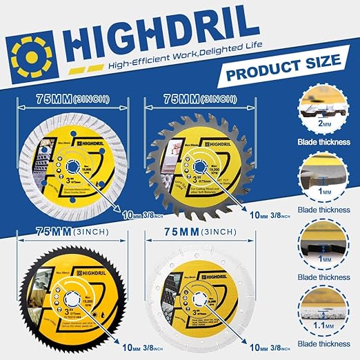 HIGHDRIL 3" 75mm Circular Saw Blade Set 4pcs - Diamond/HSS/TCT Cutting Disc for Angle Grinder Cutting Soft Metal Copper Aluminum Granite Tile Plastic Wood