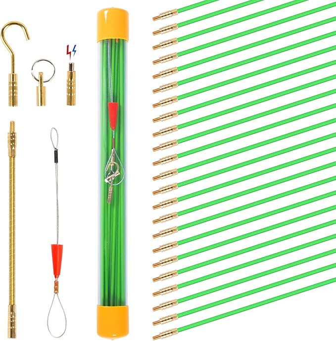 32.5FT Fiberglass Running Electrical Wire Cable Glow Rods Wire Pulling, Fish Tape Set with Accessories, Green