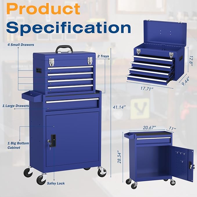 5-Drawer High Capacity Rolling Tool Chest, Removable Toolbox on Wheels Organizers, Lockable Tool Box Tool Storage Cabine with Drawers and Wheels