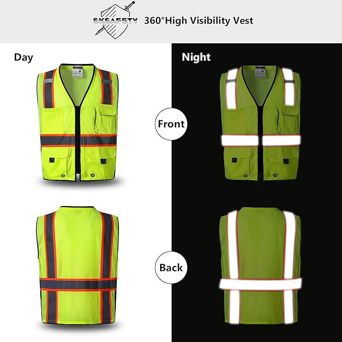 SKSAFETY 10 Pockets Professional level Safety Vest, Class 2 High Visibility Security Vest with Zipper, Hi Vis Vest with Reflective Strips, ANSI/ISEA Standard, Construction Work Vest（Lime, M）