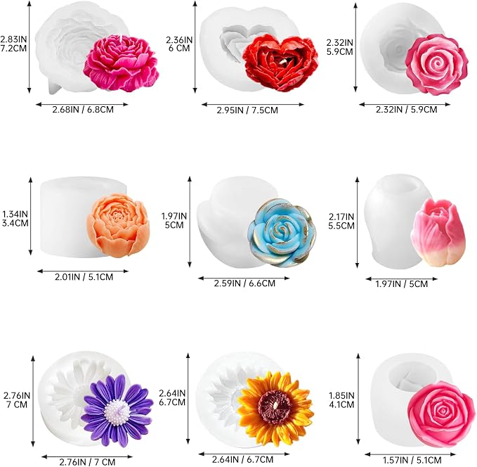 9 Pcs 3D Silicone Flower Molds for Candle Soap Making Cake Chocolate Making | - Image 2