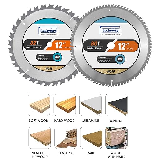 Luckyway 12 Inch Miter Saw Blades 32T General Purpose & 80T Fine Finish with 1 Inch Arbor TCT Saw Blade for Cutting Wood 2-Pack