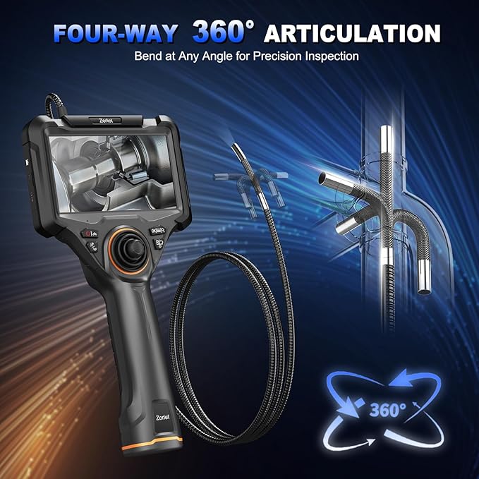 360 Articulating Borescope, 5" Monitor, 6.2mm Industrial Inspection Camera with 4-Way Joystick Articulation and 5.0FT Semi-Rigid Snake Tube, HD Endoscope for Automotive, Pipe & Equipment