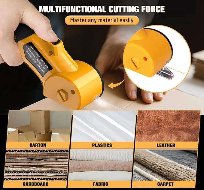 Cordless Electric Scissors,4V Rechargeable Cardboard Cutter Heavy Duty Scissor with Safety Lock & LED Light for Box Carpet Plastic Fabric(Yellow）