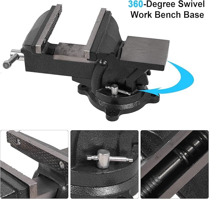 6" Heavy Duty Bench Vise, Pipe Vise Bench Vices with Anvil Swivel Table Top Clamp Locking Base, Double Swivel Rotating Vise Head& Body Rotates 360°-Black