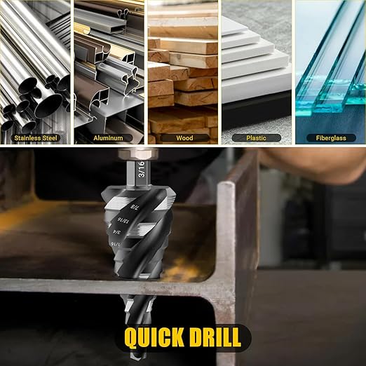 Four Spiral Flute Step Drill Bit Set, 5 Pieces 1/8"-1-3/8" HSS Unibit Step Drill Bit, 1/4" and 3/8" Shank Step Bits for Metal, Aluminum, Wood, Plastic