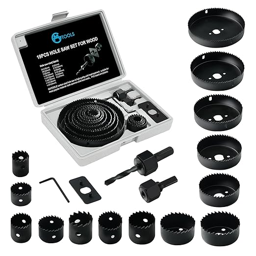Hole Saw Set, 19Pcs Hole Saw Kit with General Purpose 3/4" to 5"(19-127mm) Saw Blades, Mandrels, Drill Bits, Installation Plate, Hex Key with Storage Case, Idear for Wood, Plywood, PVC Board